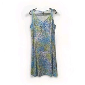 J Jill Midi Dress 14 Artsy Coastal Blue Green Speckled Sleeveless Beachy Pockets